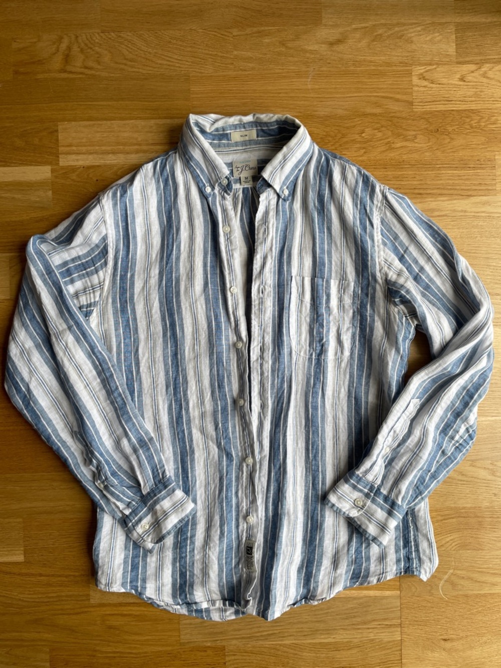 J. Crew Blue and White Vertical Stripe Linen Button-Down Shirt Sized Medium